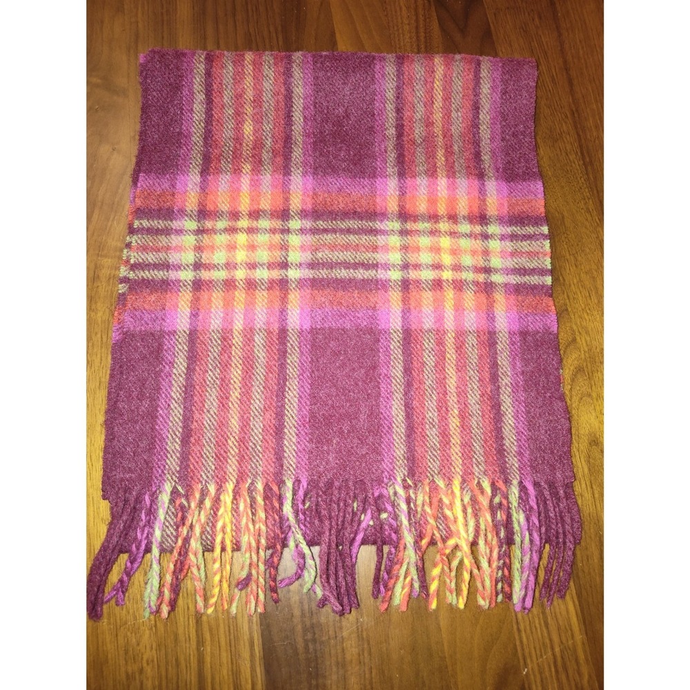 LL Bean Lambswool Plaid Scarf Made in Ireland Purple Pink Orange 0JTT2 OSFA